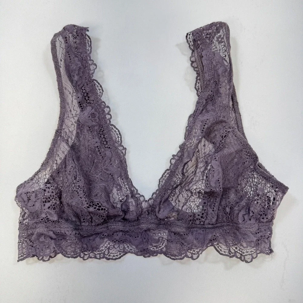 NWOT Eberjey India Lace Bralette Blue‎ Grey Wireless Sheer V-Neck Unlined Medium